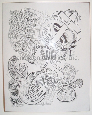 "XIV" surrealistic subliminal art pen and ink drawing in the "Freaky Faces" series