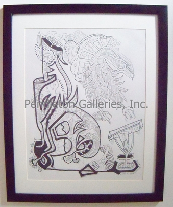 "XVI" surrealistic subliminal art pen and ink drawing John E. Pendleton "Freaky Faces" series