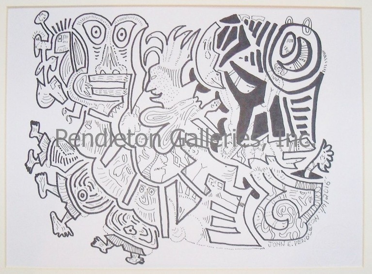 "25" surrealistic subliminal art pen and ink drawing John E. Pendleton "Freaky Faces" series